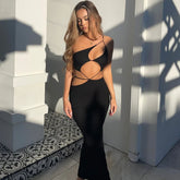 Asymmetric One Shoulder Open Back Slit Cut Out Maxi Dress - Black